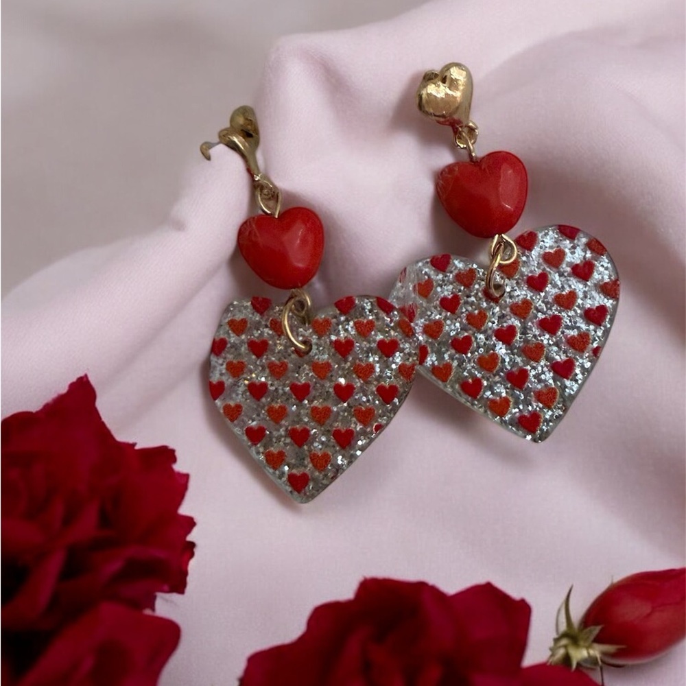 Sequin Hearts Red and Silver Heart Earrings